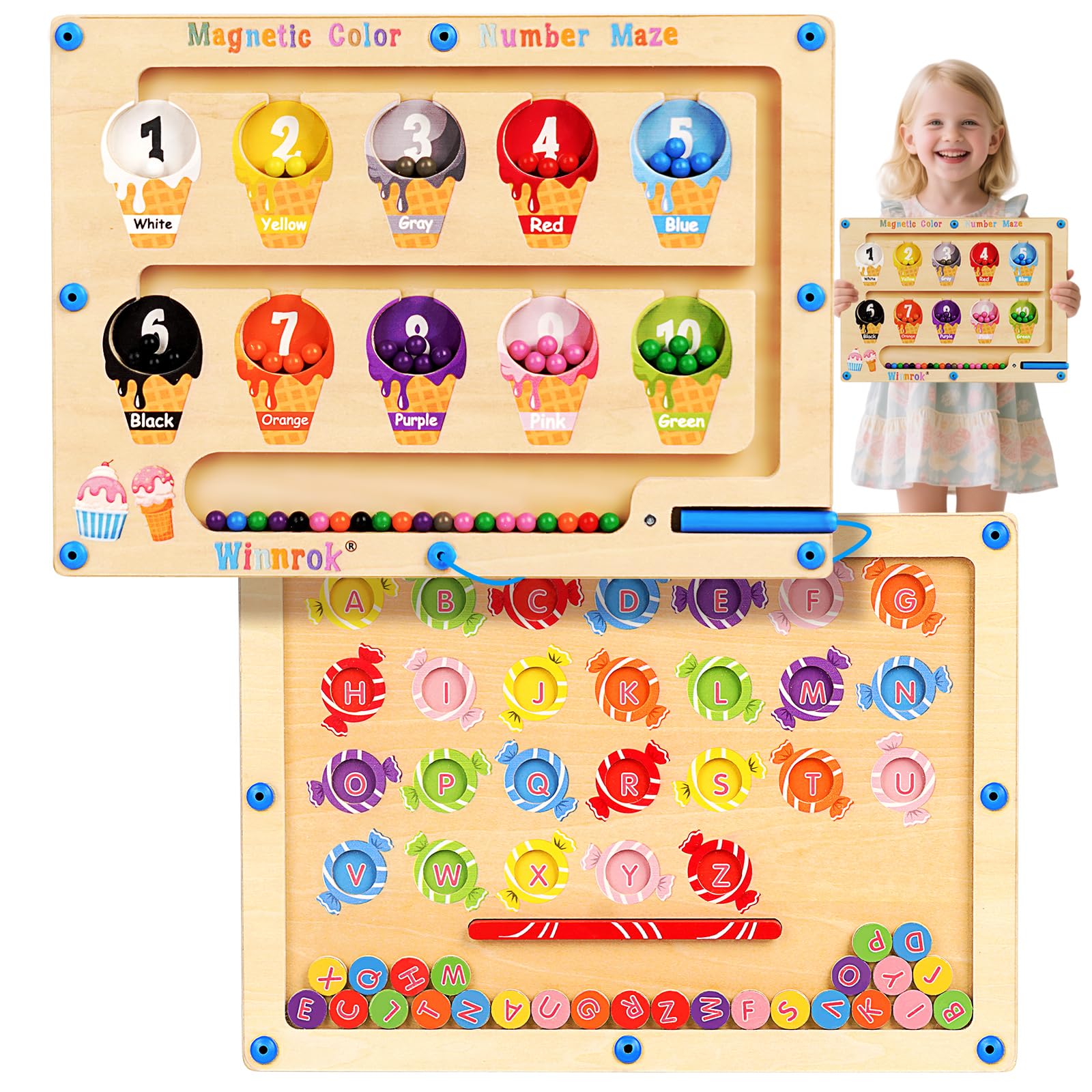 Photo 1 of 2 in 1 Double Side Magnetic Color and Number Maze, Montessori Magnetic Alphabet Maze Board Toys 3-5 Years Old, Wood Magnet Puzzle Learning Counting Matching Toys for 3 4 5 Todders Kids Girls Boys