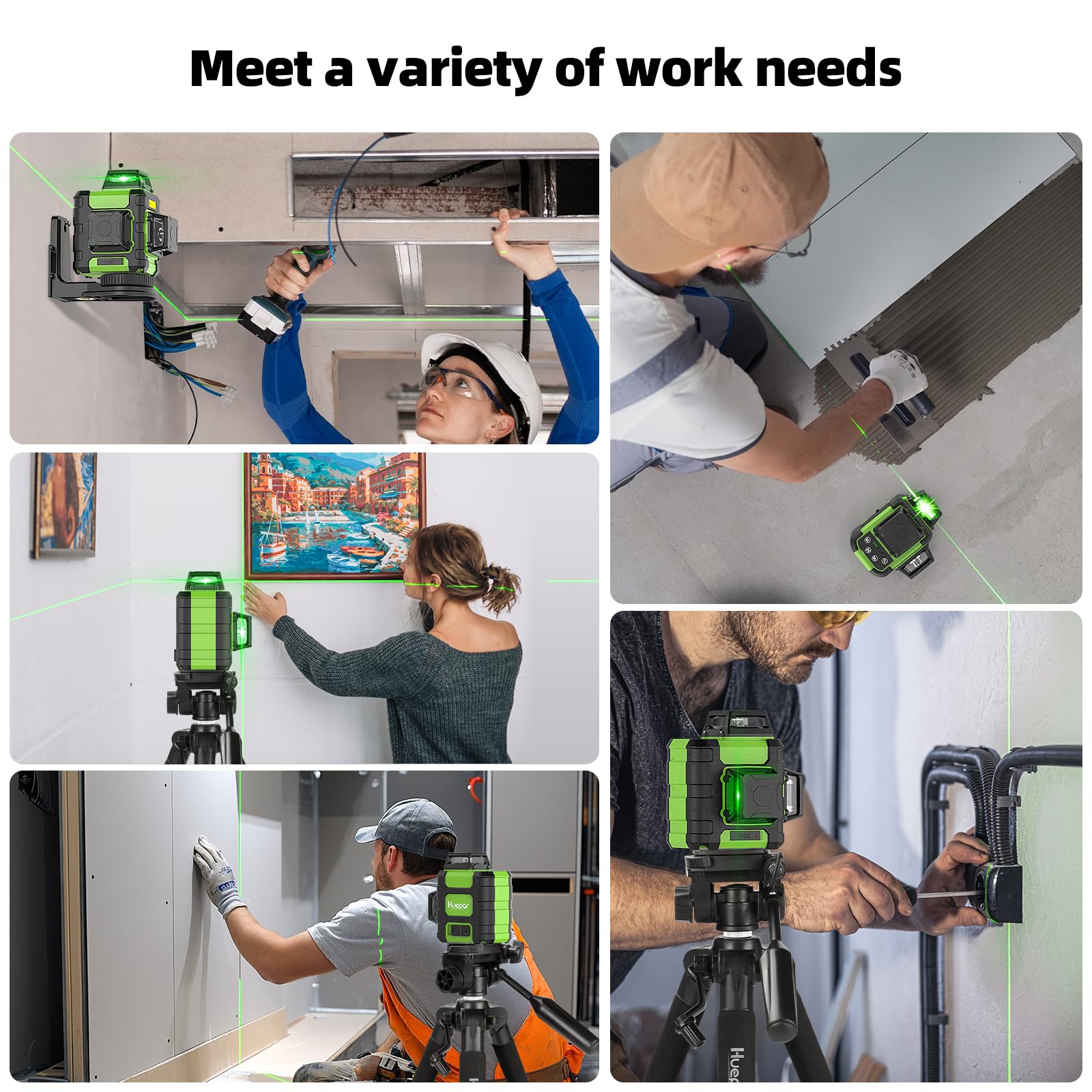 Huepar 3x360° Kreuzlinienlaser mit 127 cm Stativ, Laser Wasserwaage Nivelliergerät Selbstnivellierend mit Pulsmodus, Für Innen- und Außenbereich, Grün Linienlaser Für Bauprojekte und Renovierung 9