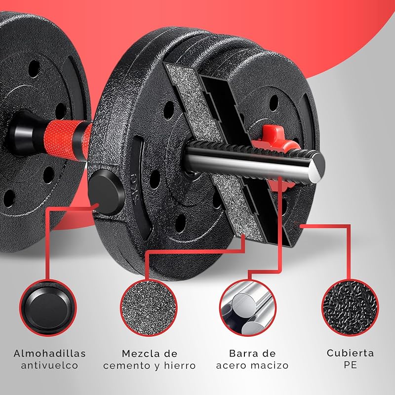 Juego de Mancuernas Ajustables 4 en 1 + Kettlebell - 10kg 20kg 35kg - Kit de Pesas con Barra Recta Ajustable y Antideslizante - Pesas y Mancuernas Discos Recubiertos - Set de 10 kg