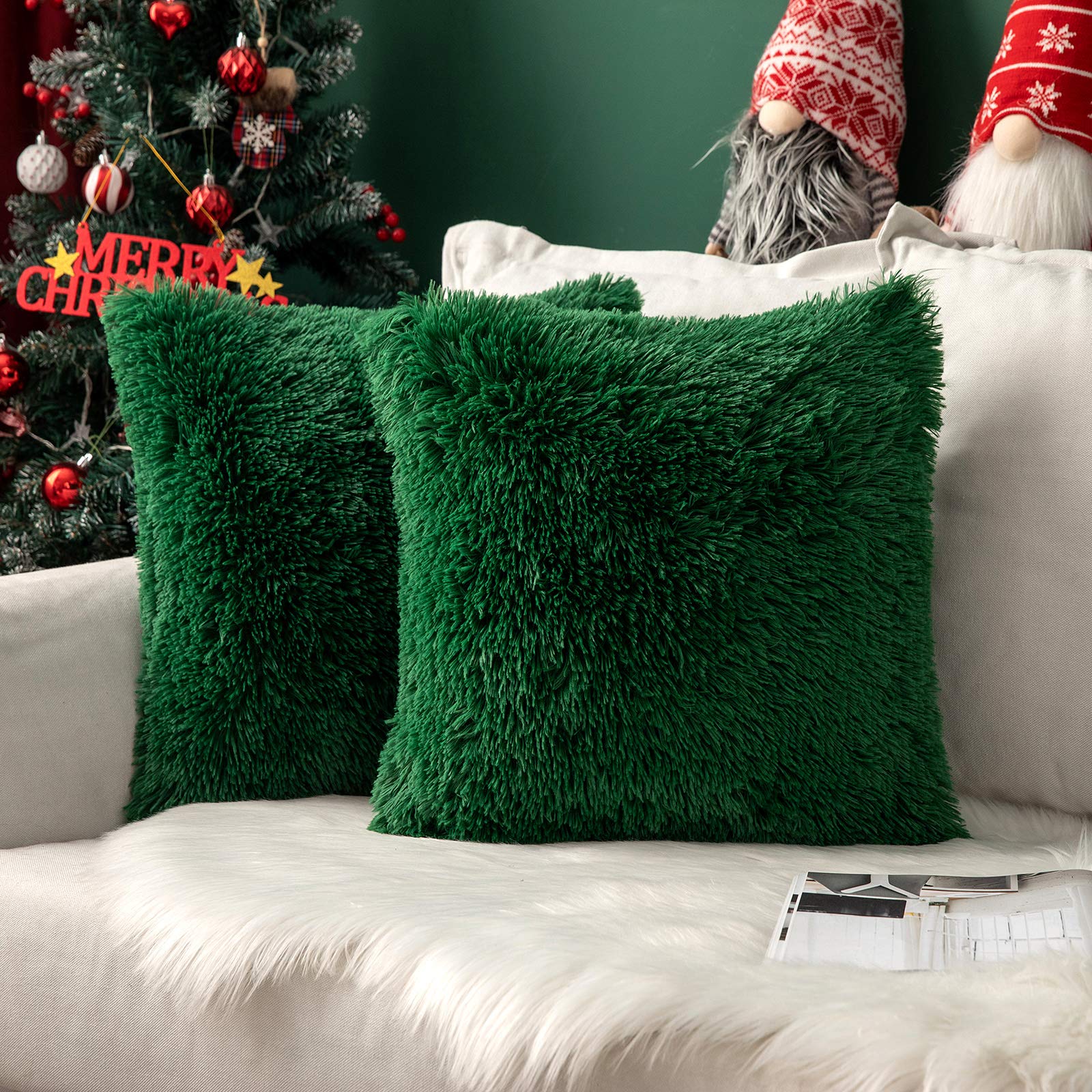 MIULEE Pack of 2 Faux Fur Cushion Covers Fluffy Soft Decorative Square Pillowcase Plush Case Faux Fur Throw Pillow Cover For Livingroom Sofa Bedroom 16x16 Inch 40x40cm 16"x16" Dark Green