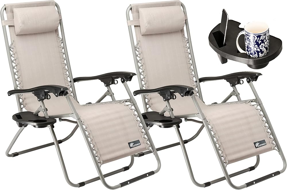 SUNMER Set of 2 Sun Lounger Garden Chairs with Cup and Phone Holder Grey