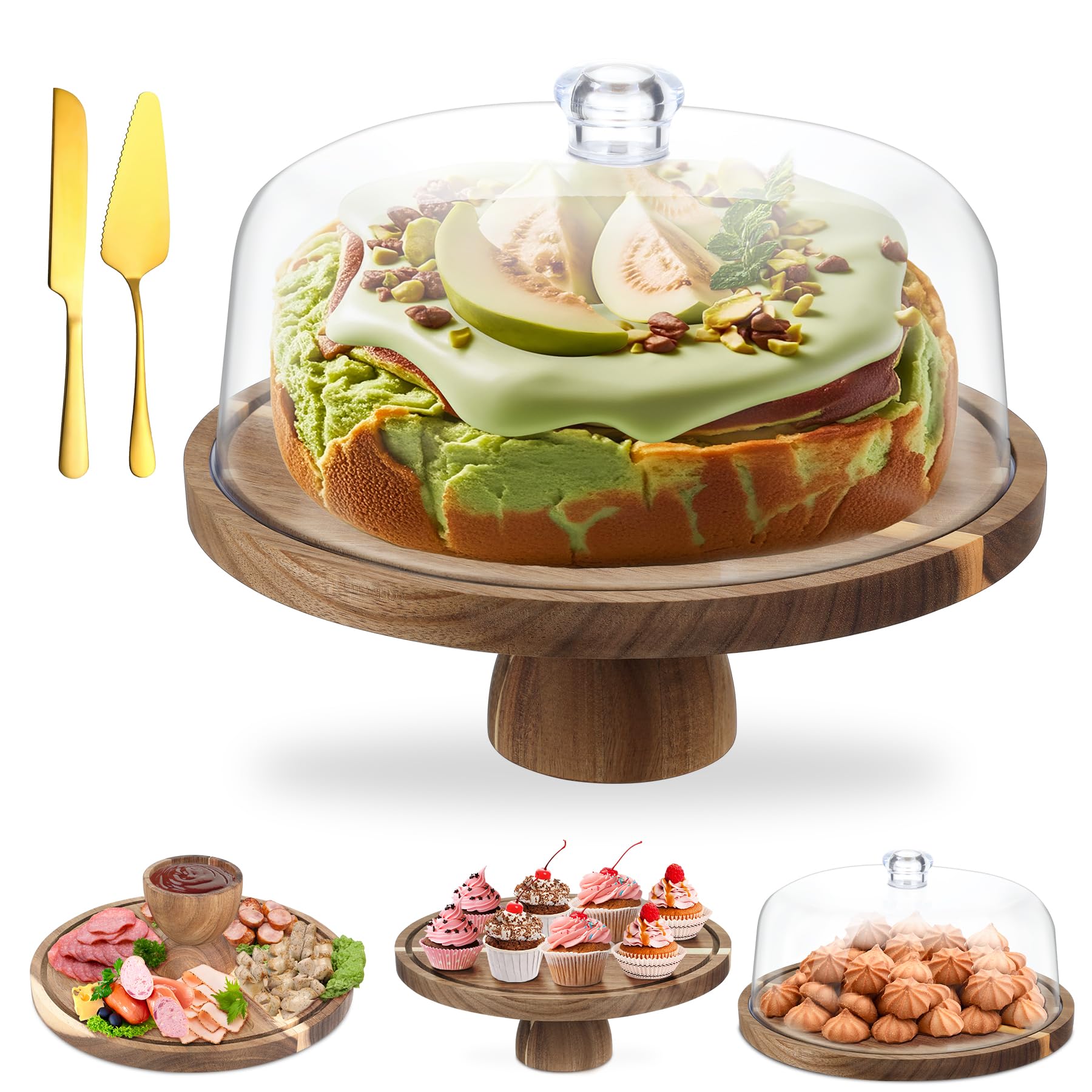 ASTROLIN Acacia Wood Cake Stand with Lid, 12'' Round Cake Holder with Clear Acrylic Cover, 2 in 1 Dessert Table Display Set & Charcuterie Board, Kitchen Decor for Birthday or Wedding