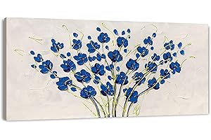 Yihui Arts Blue Flower Canvas Wall Art Painting Pictures Modern 3D Effect Artwork with Framed for Living Room Decor