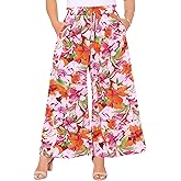 Agnes Orinda Women's Plus Size Casual Wide Leg Pants Boho Summer Floral Palazzo Pants Flowy Beach Trousers with Pocket