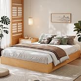 IDEALHOUSE Full Wood Platform Bed Frame with Low Profile Design | Natural pine, Floor Bed Frame, Wood Slat Support, Without Headboard, No Box Spring Needed, Easy Assembly