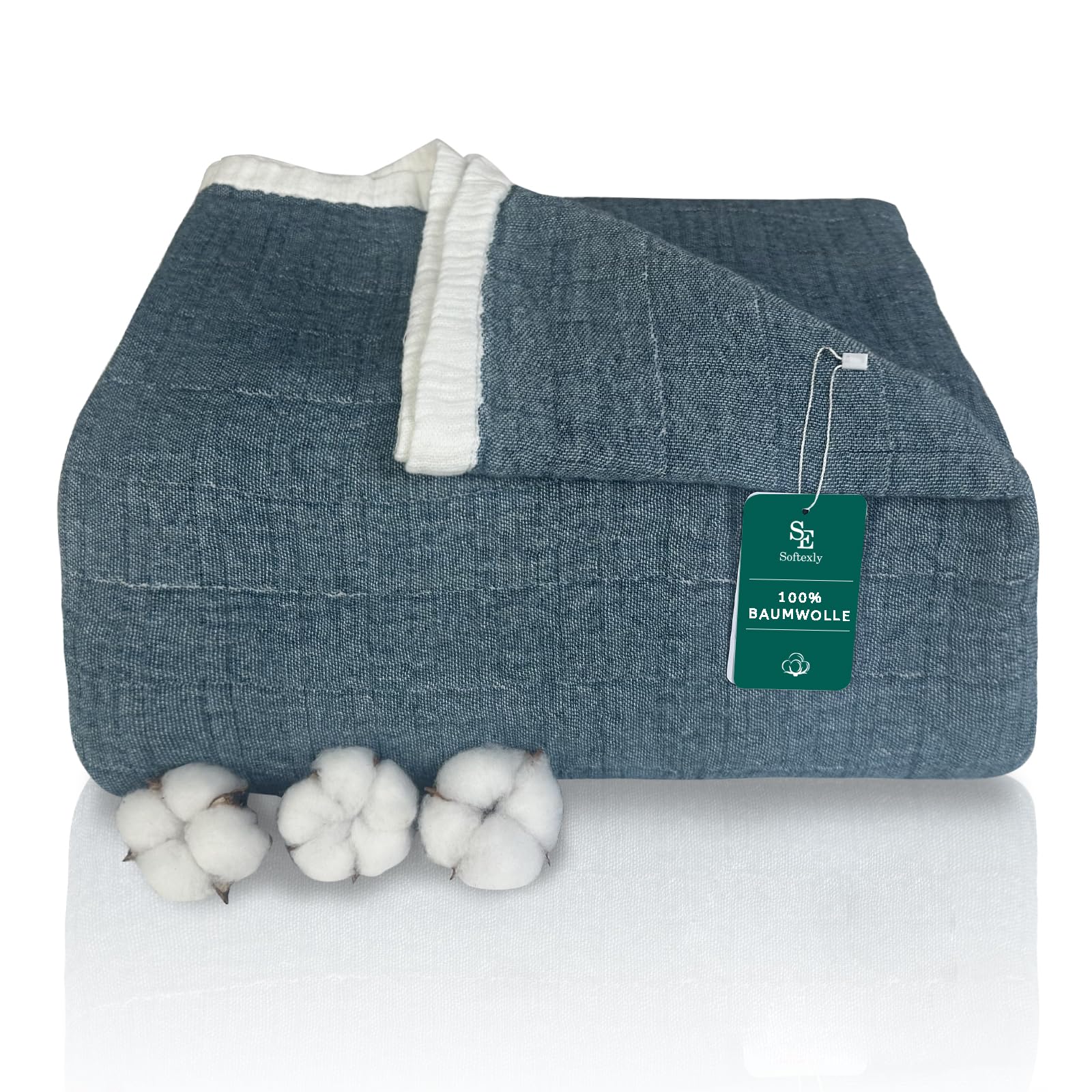 SE SOFTEXLY Cuddly Blanket 100% Cotton, 4-Layer Soft Cuddly Blanket, Muslin Bedspread, Bed Throw, Summer Blanket, Sofa Blanket for All Season, as Sofa Throw, Peacock Blue Blanket, 130 x 150 cm