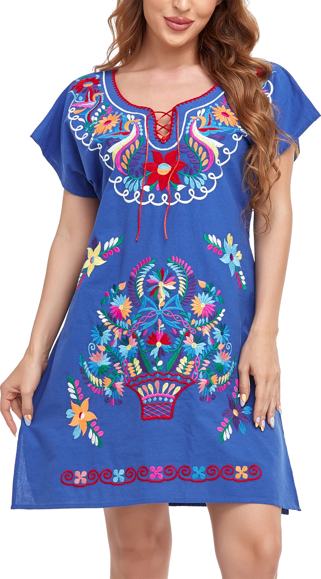 Photo 1 of YZXDORWJ Women Mexican Embroidered Fiesta Dress V Neck Dress Short Sleeve (XXXL, 27BL)