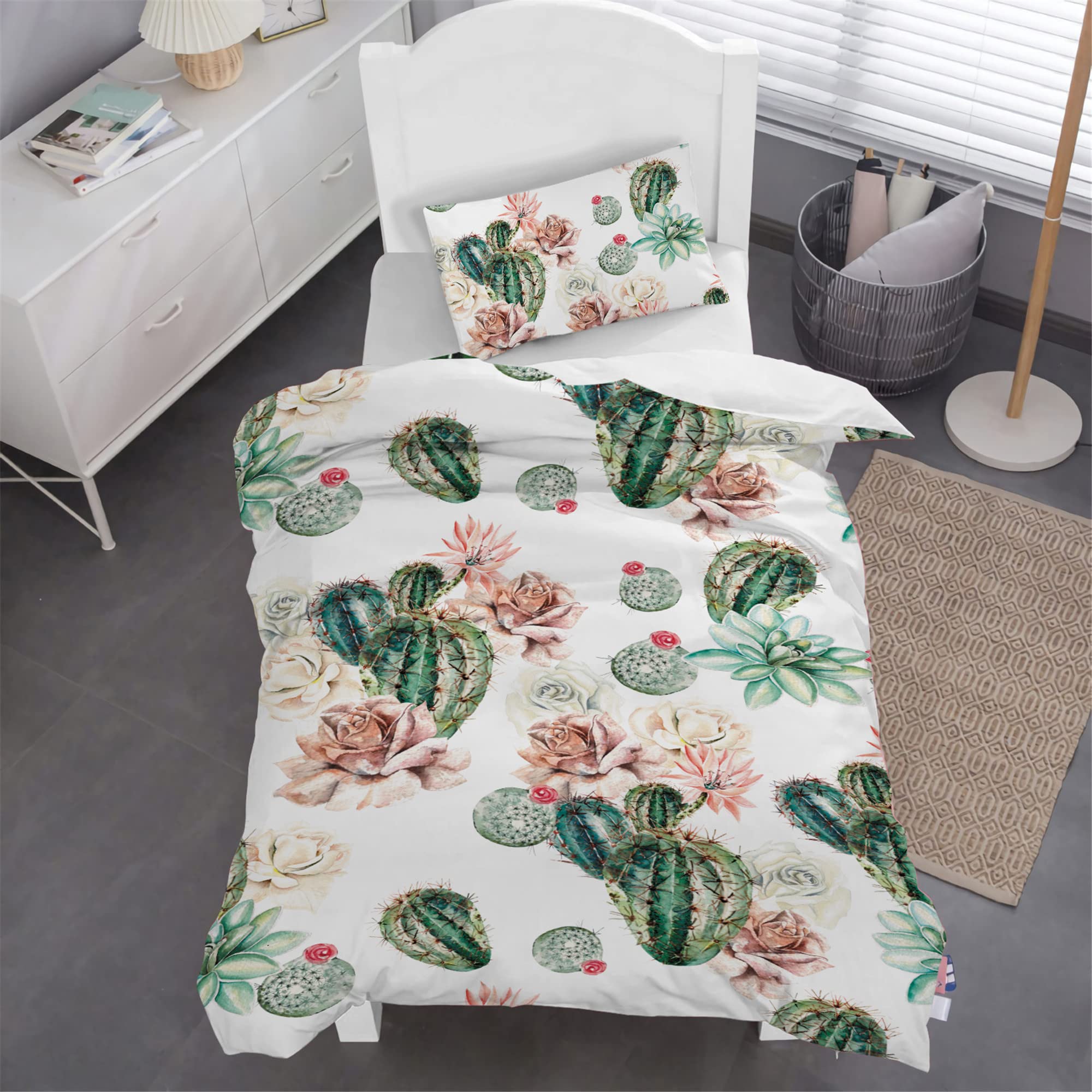 HOMHOMHA Cactus Duvet Cover Single Size,3D Printed Cactus and Flowers Pattern Bedding Duvet Cover Set Zipper Closure Bedspread for Kids Adults Bedroom,Green Simple Plants Duvet Cover