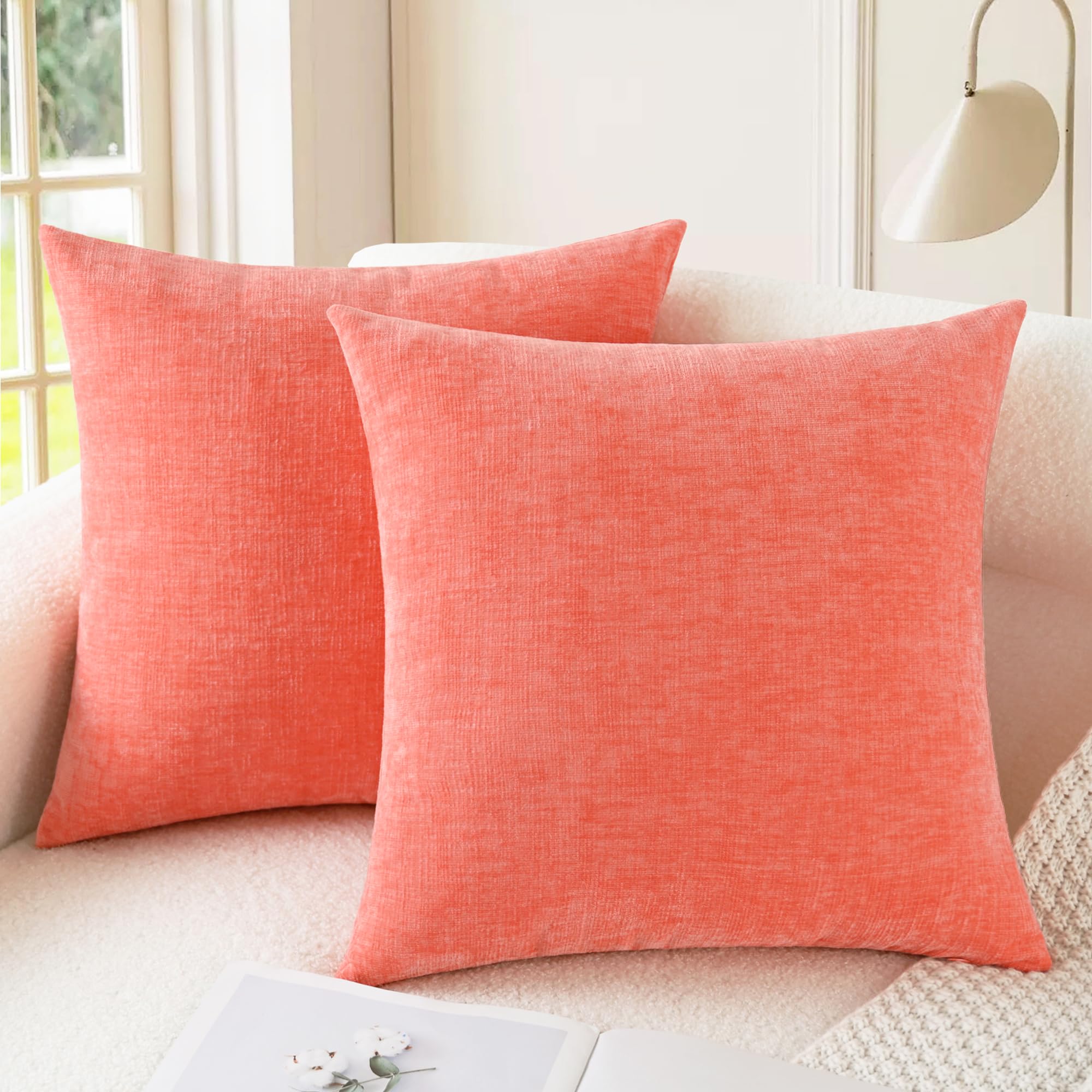 CaliTime Pack of 2 Cozy Bolster Pillow Covers Cases for Couch Sofa Home Decoration Solid Dyed Soft Chenille 45cm X 45cm Living Coral