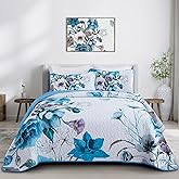 Floral Quilt Set Queen 3 Pieces Boho Blue Floral Quilt Coverlet Set Soft Microfiber Lightweight Blue Quilted Bedspread for All Season 90"x96"
