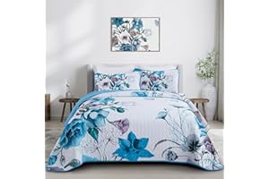 Drucon Floral Quilt Set King 3 Pieces Boho Blue Floral Quilt Coverlet Set Soft Microfiber Lightweight Blue Quilted Bedspread for All Season 104"x90"