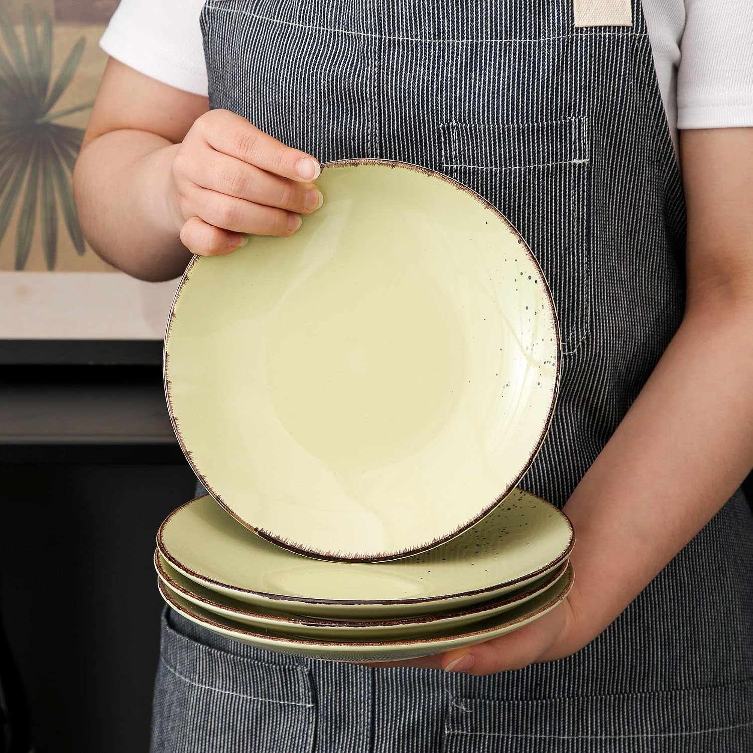 vancasso Navia Prato Dessert Plate Set of 4, Stoneware Vintage Look Yellow Green Dinnerware Tableware - Image 5