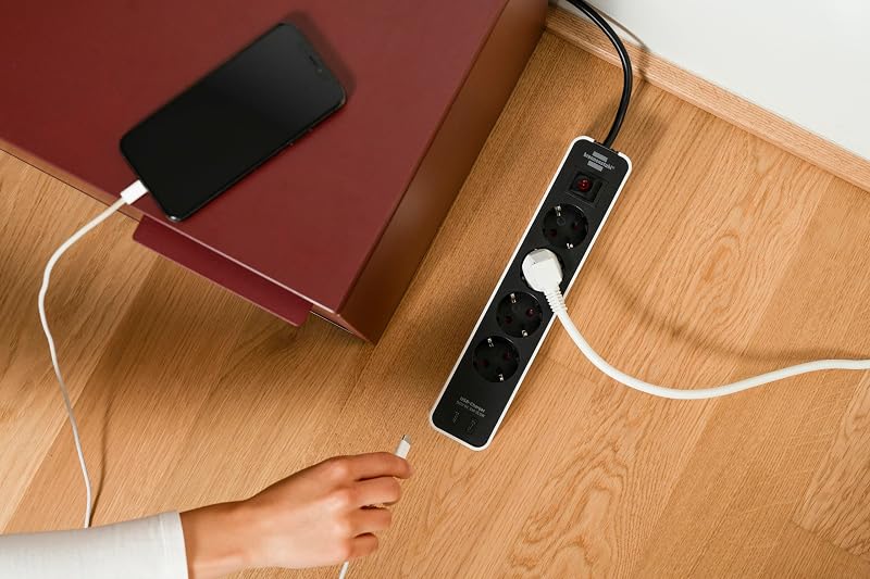 Ecolor Ciabatta multipresa con 4 prese con porta di ricarica USB (presa multipla con 2 USB C, interruttore e cavo da 1,5 m) bianco/nero