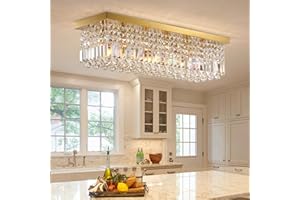 Siljoy 6-Light Modern Crystal Chandelier, Gold Rectangular K9 Crystal Raindrop Chandelier Flush Mount Ceiling Light Fixture for Dining Room Living Room Kitchen Island L31.5'' x W10'' x H10''