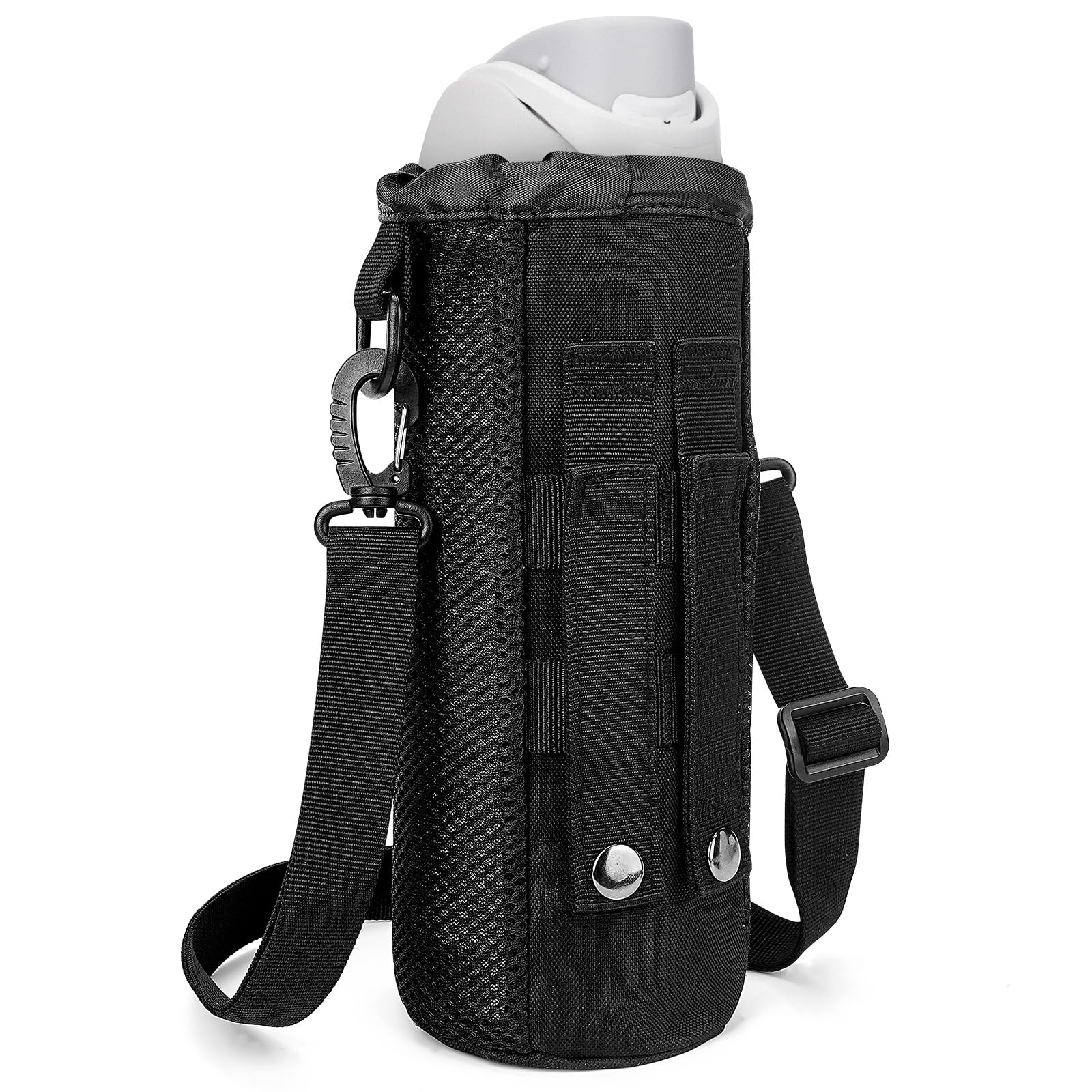 Linkidea Drawstring Molle Water Bottle Carrier with Strap Compatible with Owala FreeSip 32/40oz, Sustain Wide Mouth 48oz, Waterbottle Sling Bag Holder with Shoulder Strap, Black