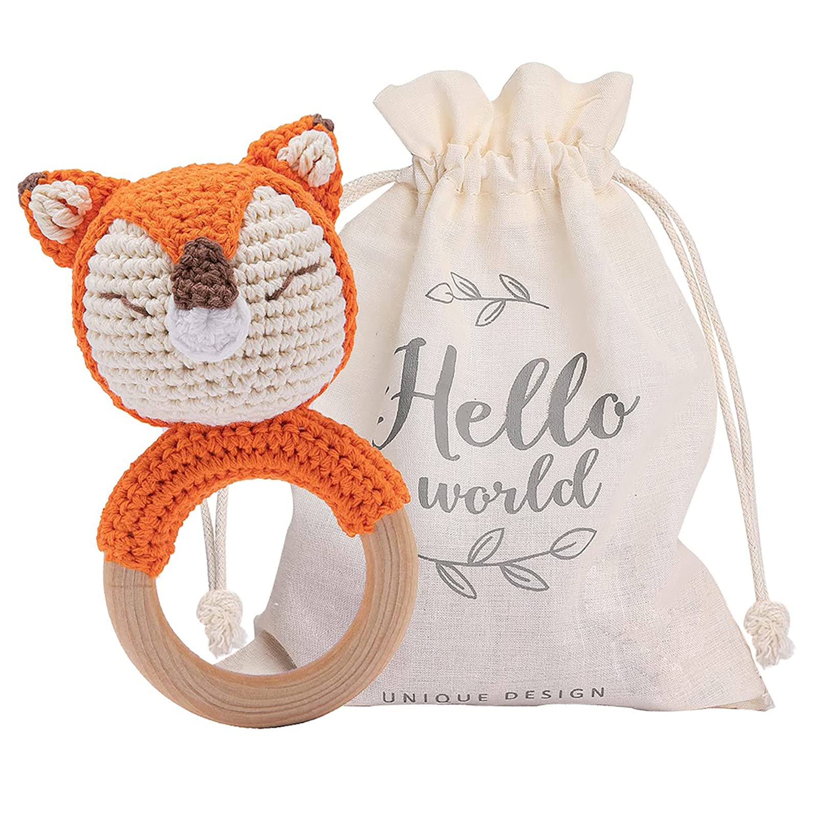 Youuys Baby Rattle Wooden Crochet Animals Grasping Toy with Sound - Handmade Rattle for Newborn Baby Gift Boy and Girl (Fox)