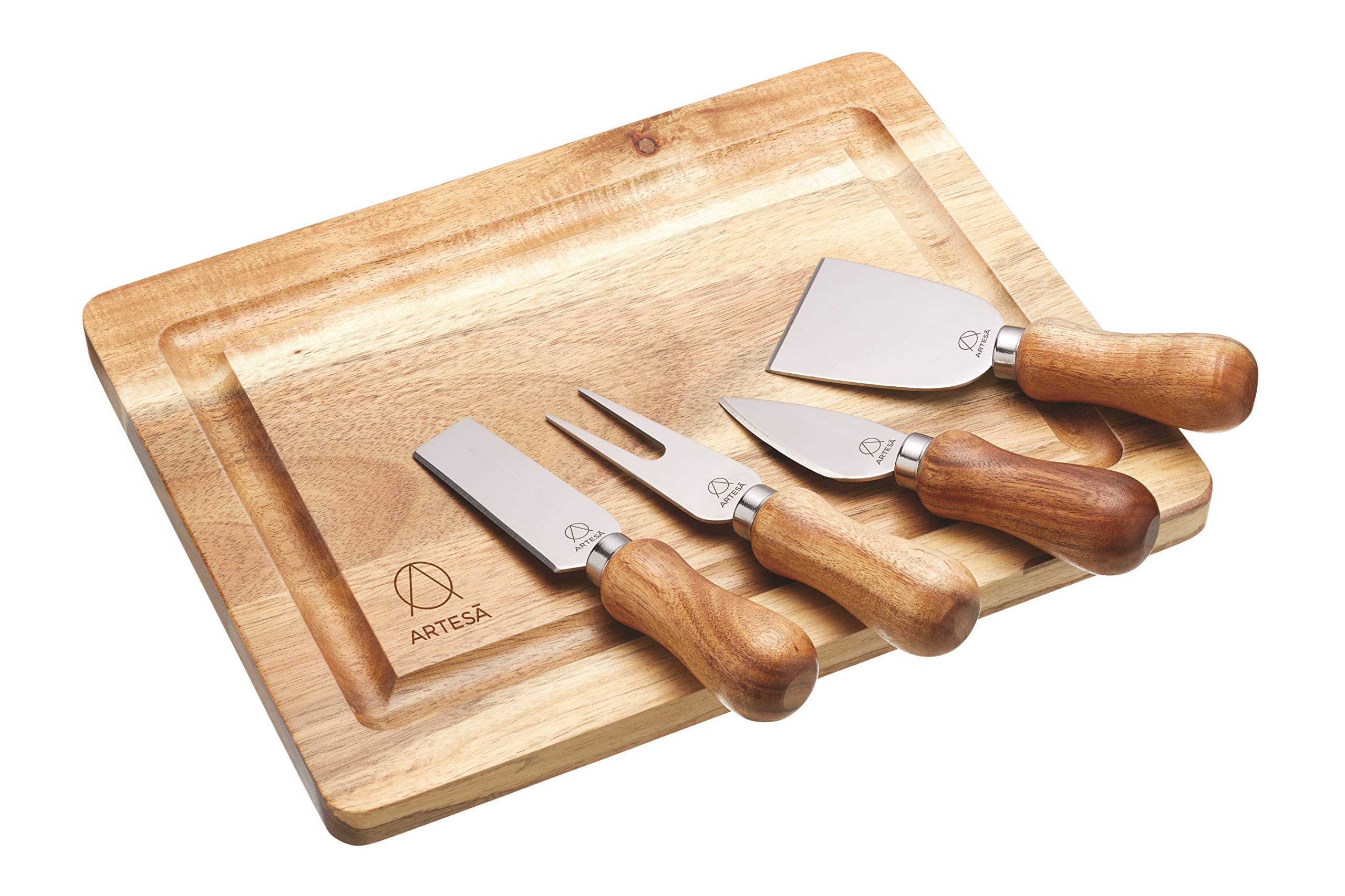 Artesà Wooden Cheese Board and Knife Set in Gift Box, Acacia, 5 Pieces, Brown/Silver