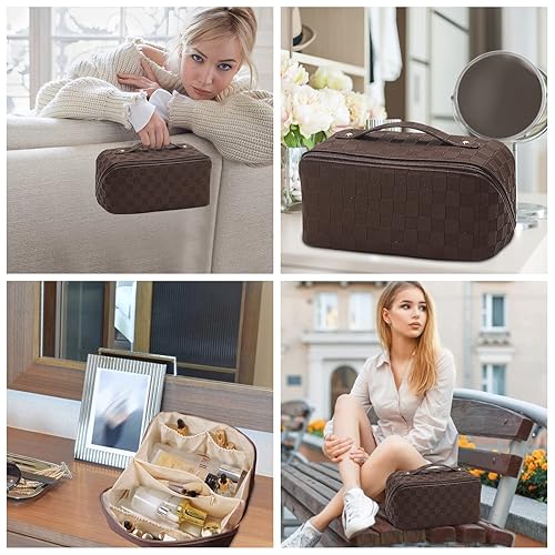 Travel Makeup Bag with Handle and Divider, Portable Large Capacity