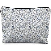 KBRCT Vintage Blue Chinoiserie Floral Makeup Bag for Women, Toile de Jouy French Country Flower Cosmetic Bag for Purse, Blue and White Cottagecore Botanical Makeup Zipper Pouch