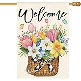 AVOIN colorlife Spring House Flag 28x40 Inch Double Sided Outside, Floral Welcome Yard Outdoor Flag