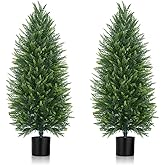 Yangrass 4FT Artificial Cedar Topiary Tree Set of 2, Faux Evergreen Pine Shrubs Plants with Pot, Realistic Fake Plants for Indoors Outdoors Front Porch Christmas Decor