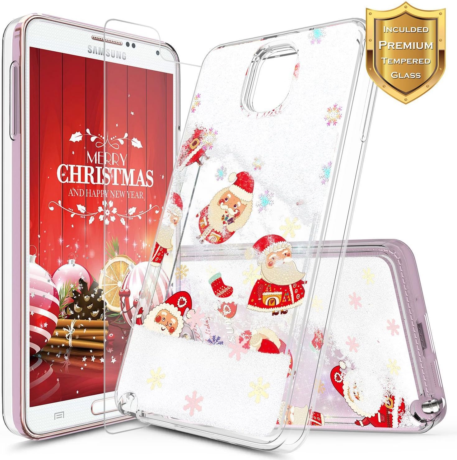 Galaxy Note 3 Christmas Glitter Case w/[Tempered Glass Screen Protector], NageBee Glitter Liquid Quicksand Waterfall Floating Flowing Sparkle Shiny Girls Gift Cute Case for Samsung Galaxy Note 3 -Snow