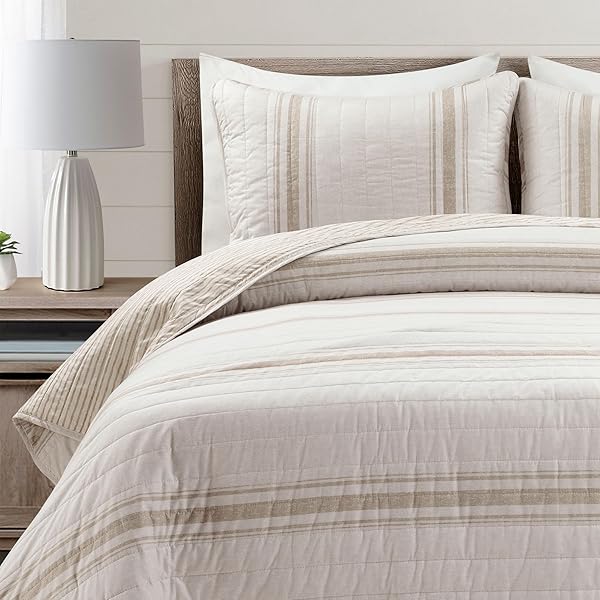 LUSH DECOR FARMHOUSE STRIPE REVERSIBLE COTTON QUILT QUEEN SIZE 3 PIECE SET FULL/QUEEN NEUTRAL – FARMHOUSE BEDDING SET QUEEN QUILT – STRIPED BEDDING