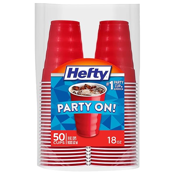 HEFTY PARTY ON RED PLASTIC CUPS, DISPOSABLE PLASTIC PARTY CUPS FOR EASY CLEANUP AND LARGE GATHERINGS, RED CUPS FOR BBQS, BIRTHDAYS, PARTIES, AND MORE, 18 OUNCE, 50 COUNT