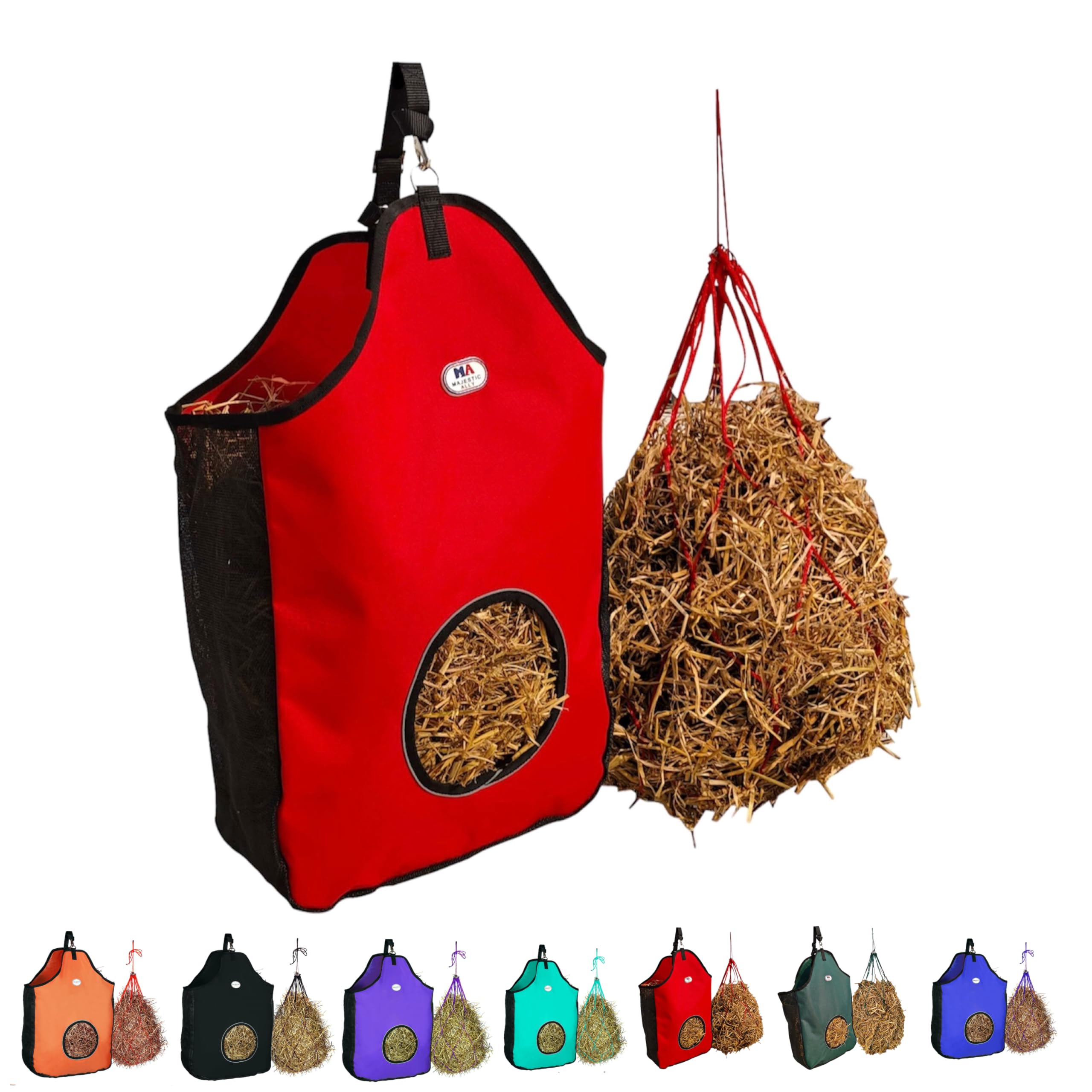 Majestic Ally 1200 D Hay Feeder Tote Bag for Horses, Sheep with Reflective Trim- Reduces Waste - Comes with 36” Hay Net (Red)