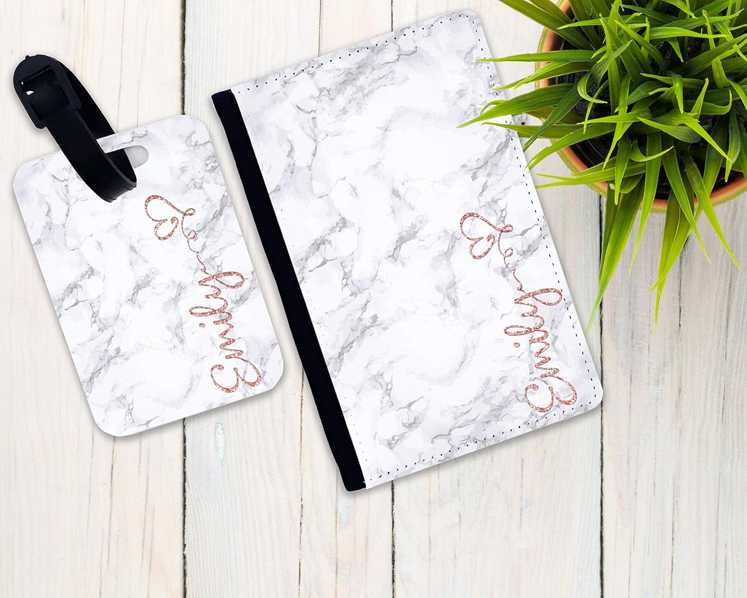 rose gold passport holder and luggage tag