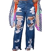 Ptorlio Women's Ripped Jeans Y2k Straight Wide Leg High Waisted Jean Distressed Baggy Denim Pants