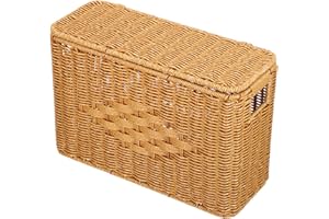 Beavorty Tall Narrow Imitation Rattan Basket with Lid, Rectangular Woven Storage Bin 15x10x6in for Home Shelf
