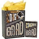 MAYPLUSS 13" Large Gift Bag with Greeting Card and Tissue Paper for Graduation - Black Gold Design