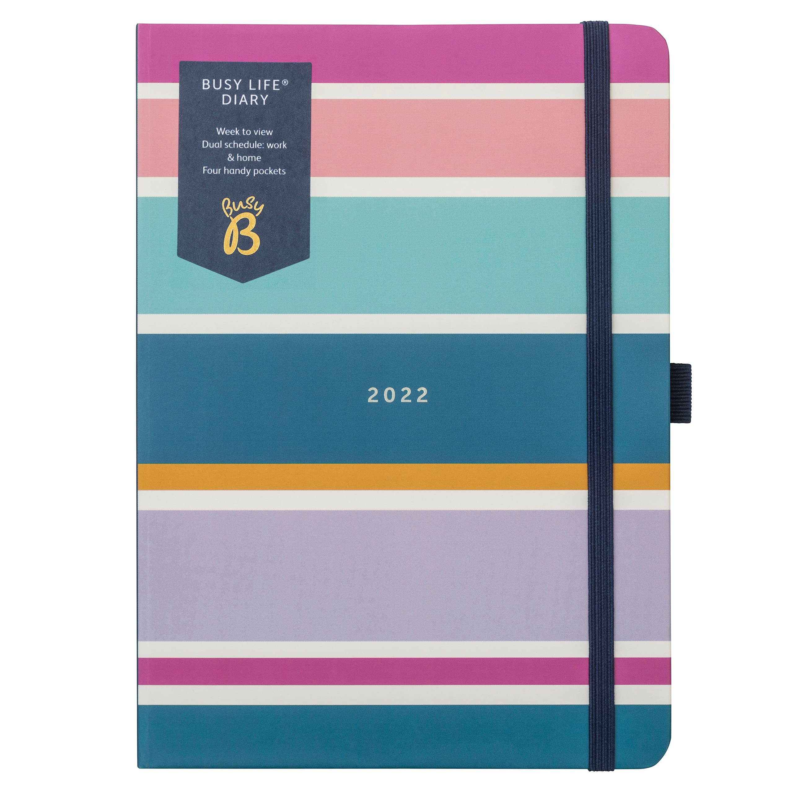 Busy B Busy Life Diary January to December 2022 - A5 Stripe Week to View Planner with Dual Schedules, Pen holder and Pockets