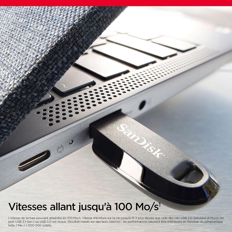 Ultra Curve 128 Go Flash Drive, Clé USB 3.2, des vitesses allant jusqu'à 100 Mo/s, Rescue Pro Deluxe Software, Porte-clés intégrée, Noir