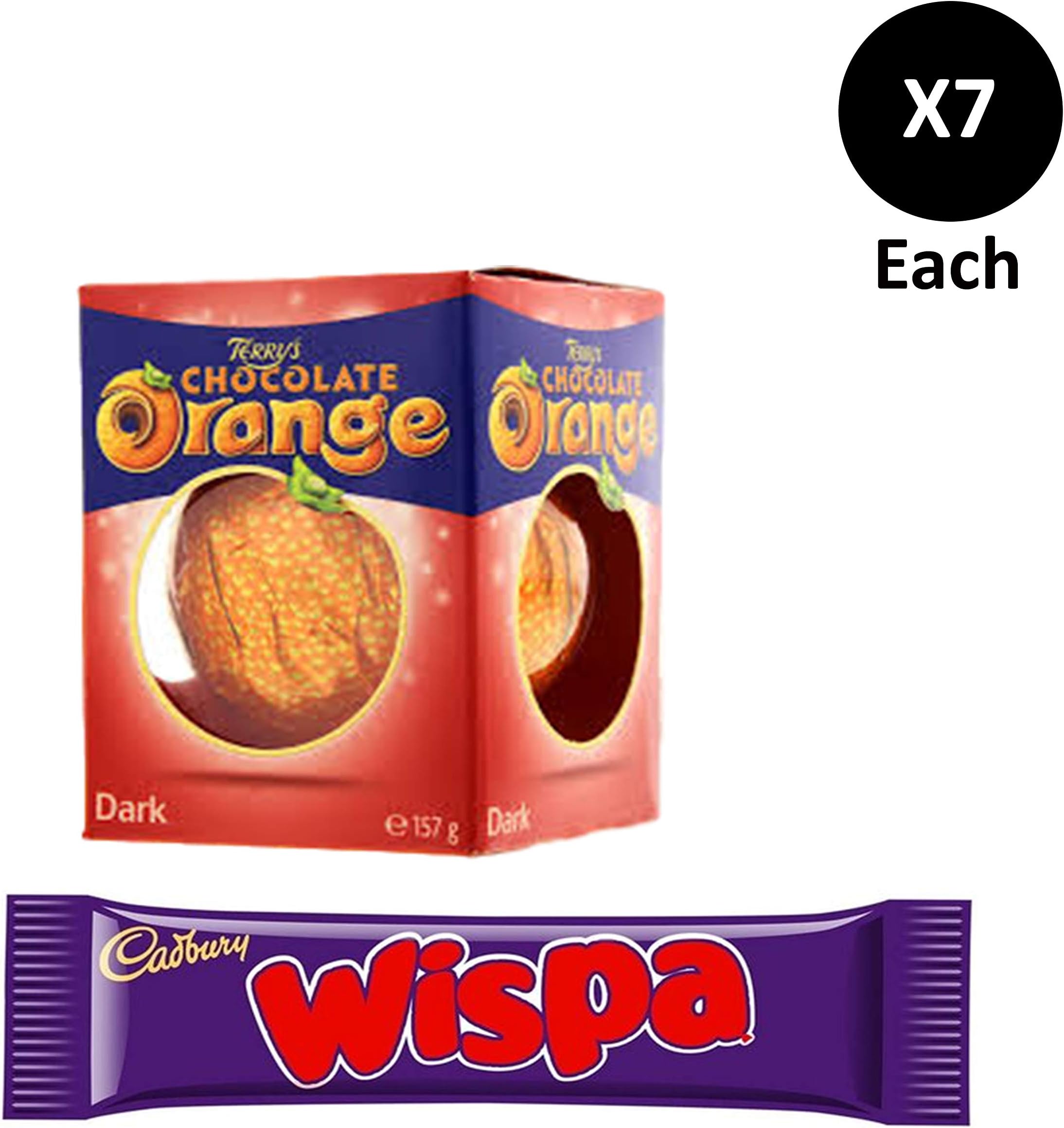 Cadbury Wispa Bars 7 x36g + Terry's Dark Chocolate Orange Ball 7 x157g.