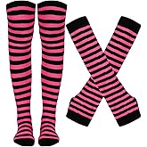 Tongcloud Women's Striped Knee High Socks, Over Knee Thigh High Socks, Arm Warmer and Fingerless Gloves Set