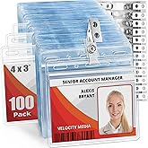 Mifflin-USA Horizontal Card Protector with Metal Clip and Vinyl Straps (Clear, 4x3 Inch, 100 Pack), Waterproof PVC ID Name Badge Holder with Clip