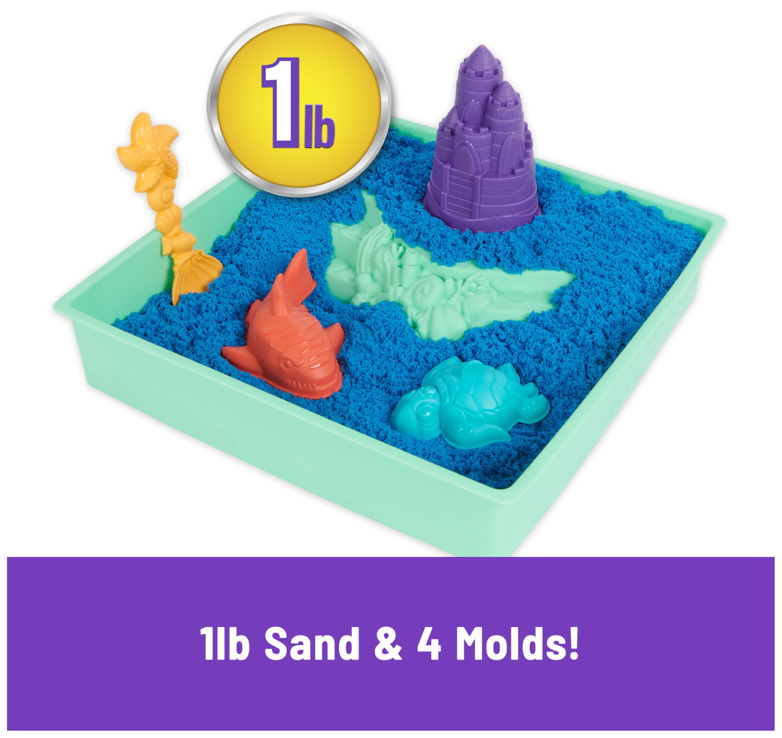 Kinetic Sand, Sandbox Set with 1lb Blue Play Sand, 4 Tools & Molds, Storage, Sensory Toys for Kids Ages 3 and up