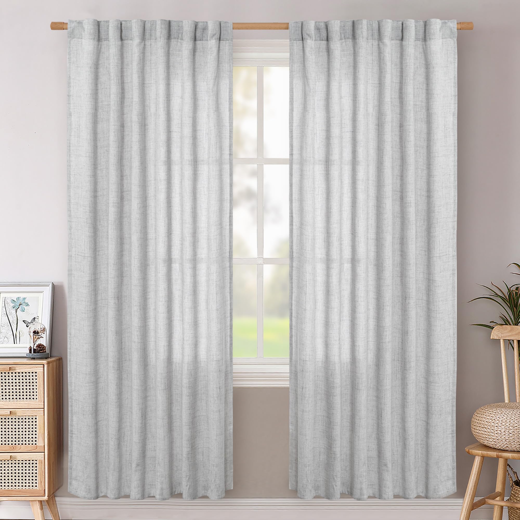 BGment 80 Inch Length Linen Curtains for Living Room Rod Pocket, Light Grey Textured Window Drapes Light Filtering for Bedroom Dining Farmhouse Sheer Rustic Back Tab, 2 Panels, 52 Inch Wide Each Panel Image