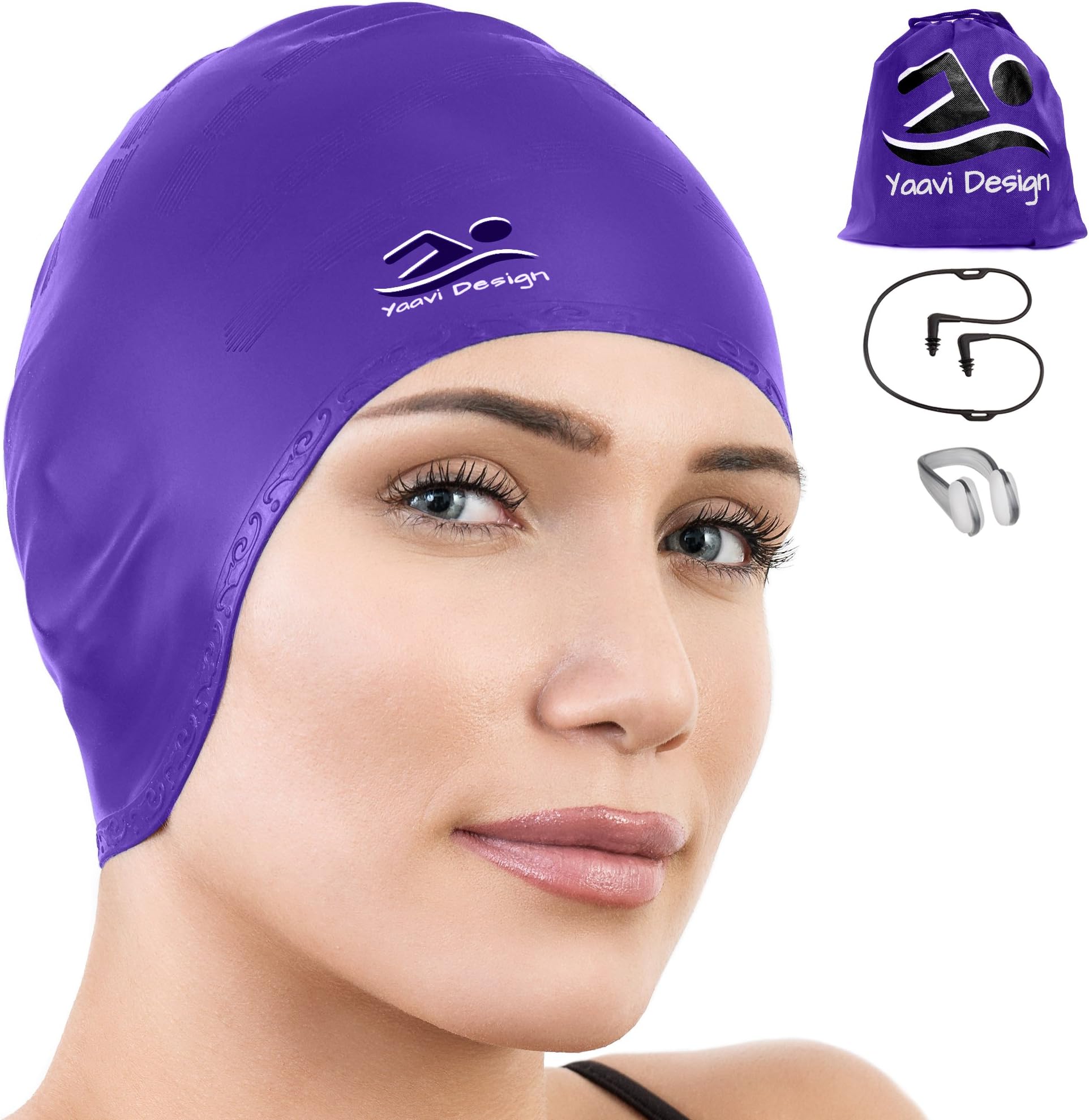 Yaavi Design Premium Silicone Swim Cap for Women Men Youth Kids Swimming Caps Bathing Adult Best Short Long Hair 100% Waterproof + Bonus Nose Clip Carrying Bag String Ear Plugs