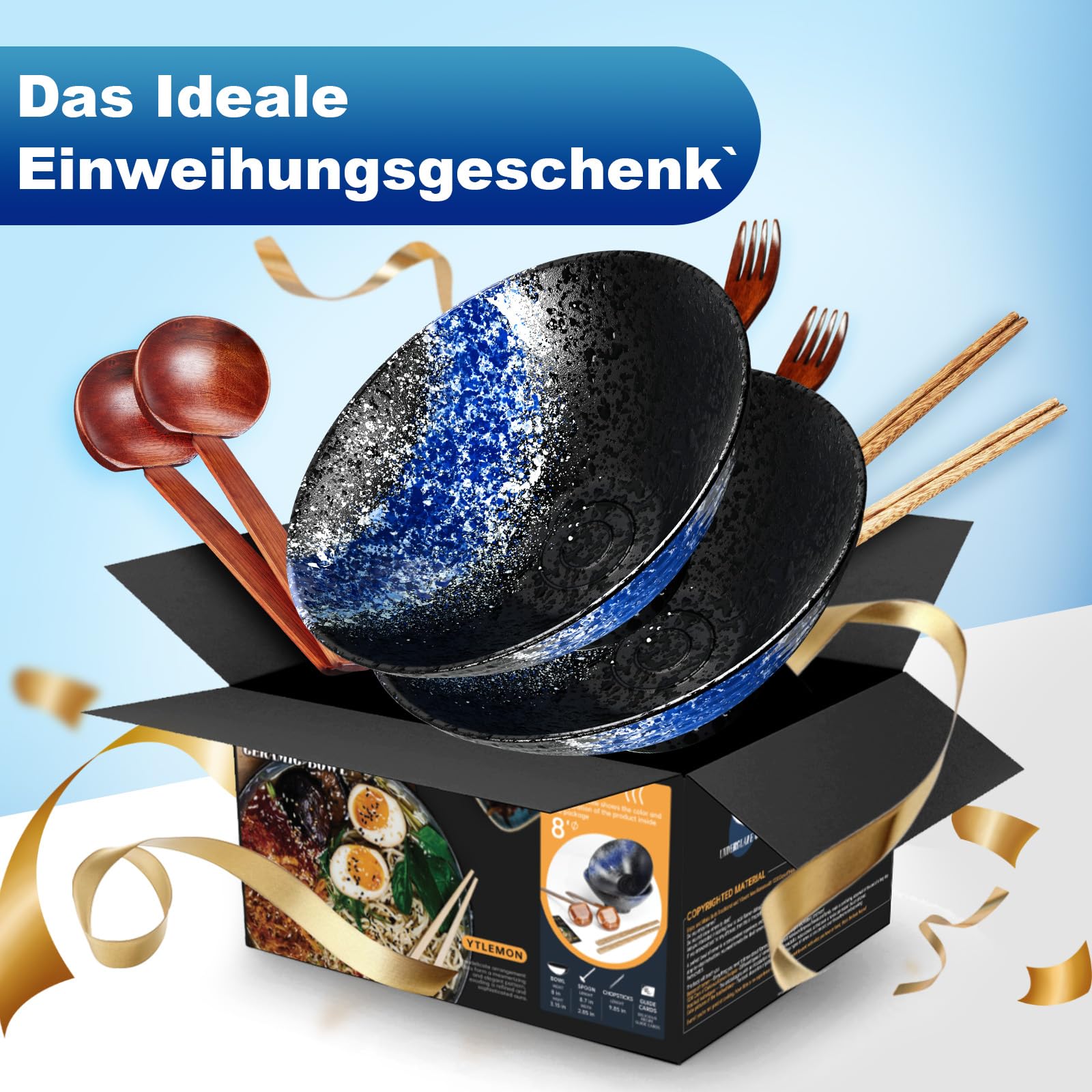 8 Zoll Keramik Große Ramen Schüssel 2 Set(9-Teilig) - Spülmaschinenfest Japanisches Porzellan Geschirr mit Gabel Essstäbchen Löffel und Rezepte für Nudeln Suppen Getreide Geschenke für neuen Häusern 6