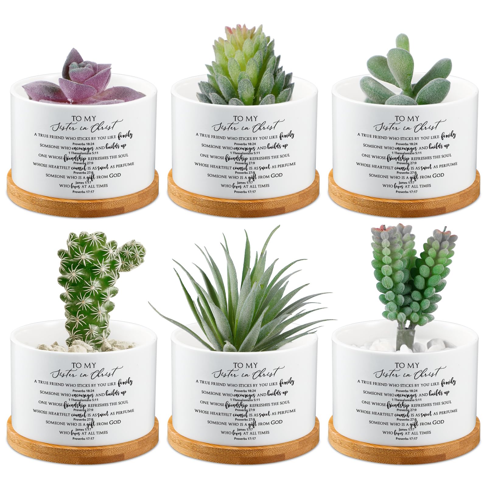Photo 1 of Sieral 6 Pcs Mothers Day Sister in Christ Small Succulent Pot with Bamboo Tray, Bible Christian Gift 3.15 Inch Mini Ceramic Succulent Planter for Sunday Church Bible Study, Plants Not Included