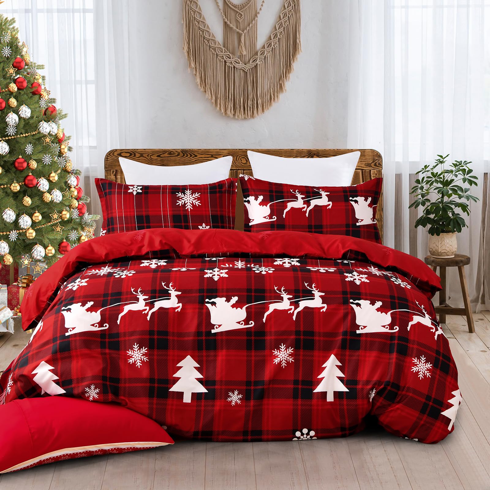 Fondream Christmas Duvet Cover Set Double Christmas Deer Tree Square Pattern Duvet Cover Soft Lightweight Microfiber Bedding Cover with 2 Pillowcases for Christmas Decor