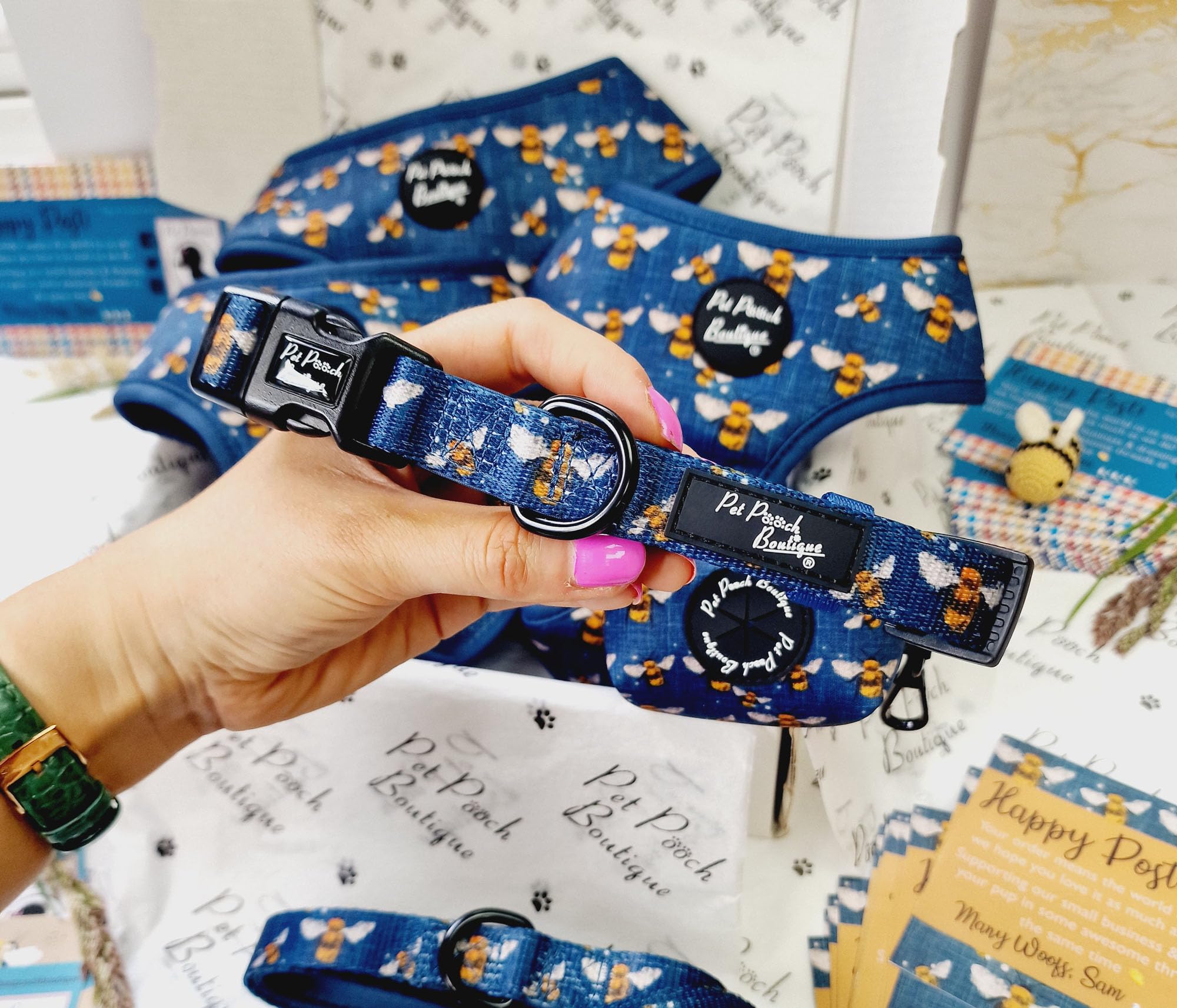 BLUE BUZZY BUMBLE BEE DOG COLLAR S