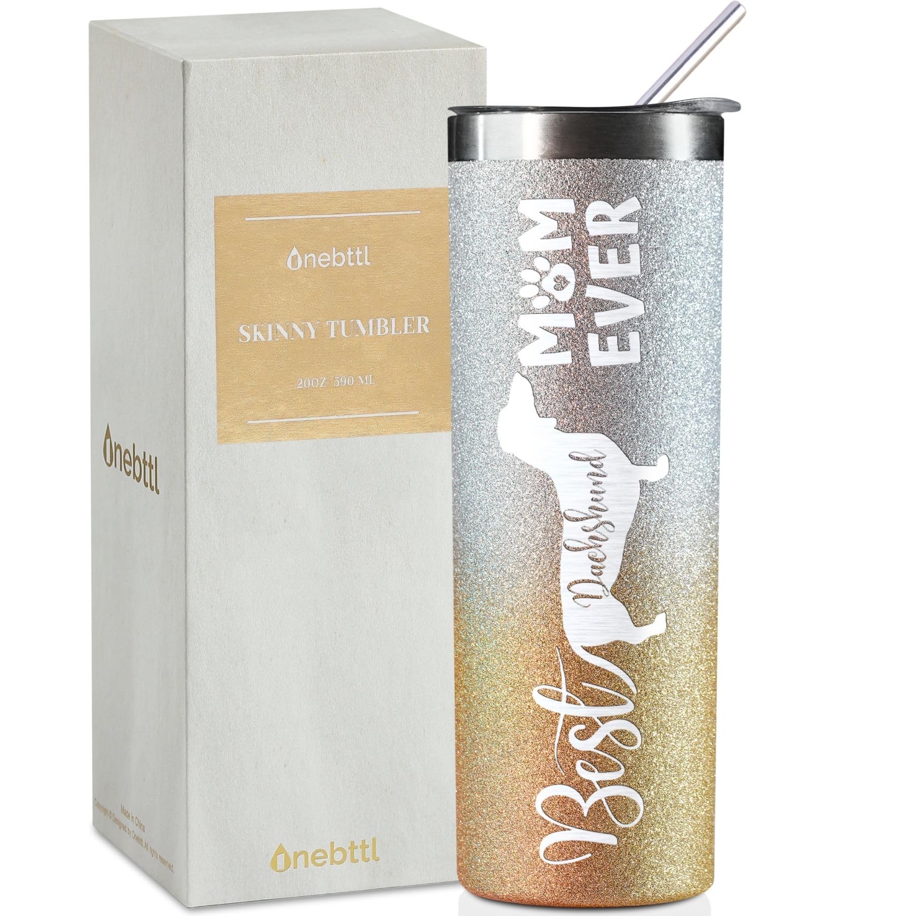 Onebttl Dachshund Gifts, Best Dachshund Mom Ever, Gifts for Wiener Dog Lovers, Women, Girls, Friends, Daughters, Coworkers, Stainless Steel Tumbler 590ml, Glitter Gold & Silver