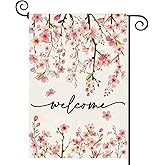 Baccessor Spring Summer Welcome Garden Flag 12.5 x 18 Inch Double Sided Burlap Pink Floral Cherry Blossom Farmhouse Small Yard Flag Summer Holiday Seasonal Outdoor Outside Decoration
