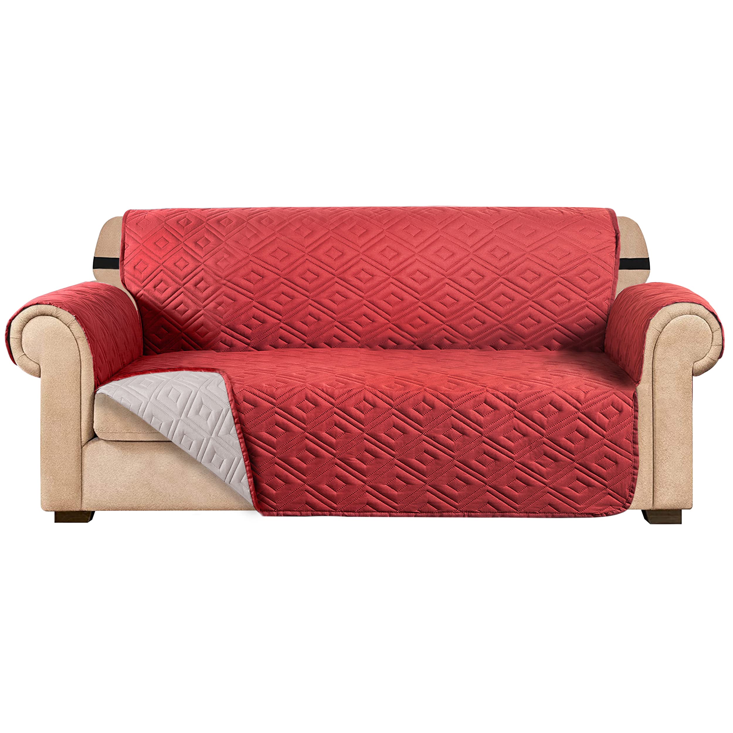 AMEHA Sofa Cover 3 Seater Water Repellent Sofa Slipcovers – Non Slip Reversible Sofa Protectors from Pets & Kids with Adjustable Elastic Straps Embossed Quilted Washable Couch Covers, Burgundy Cream