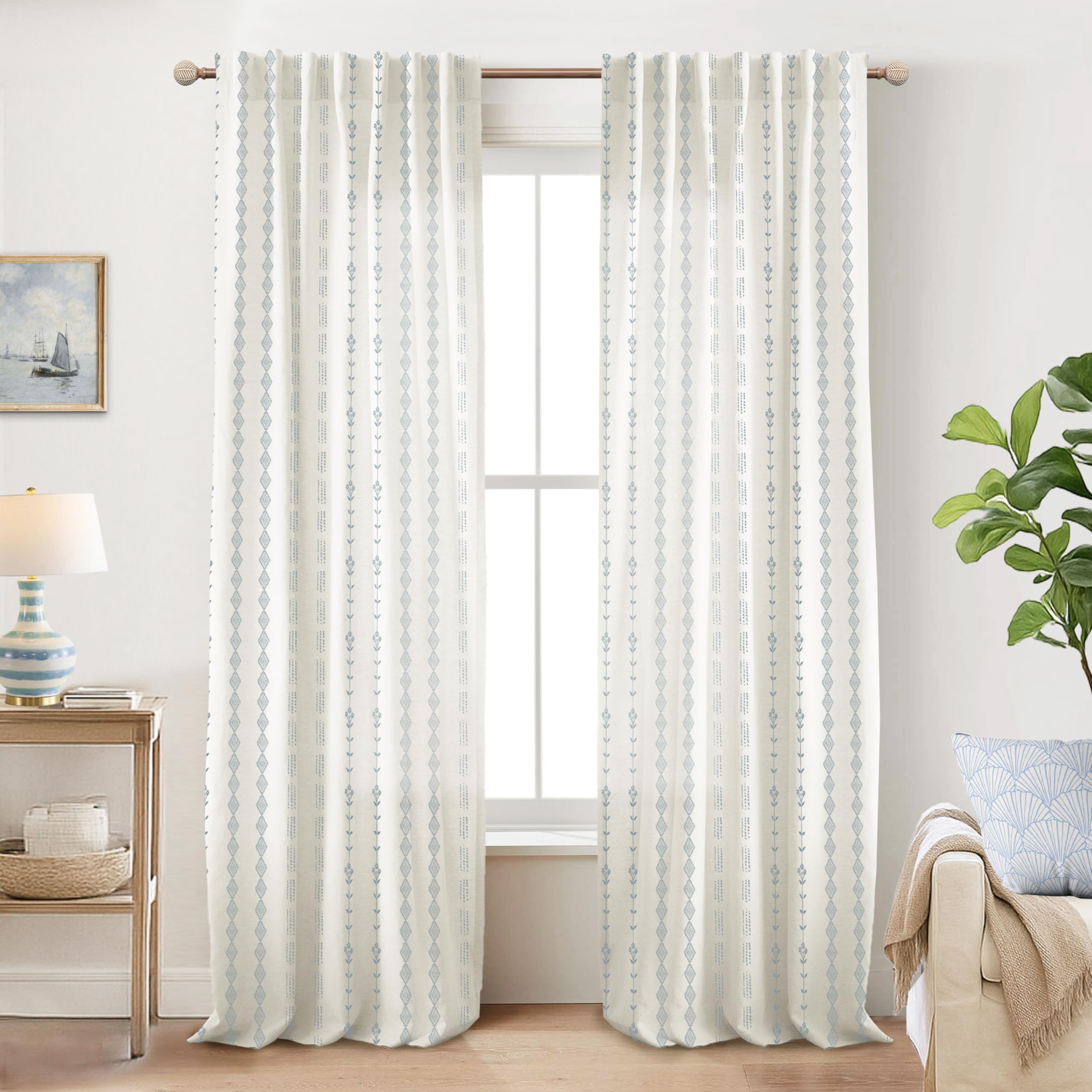Photo 1 of Light Blue Coastal Curtains for Bedroom Living Room Decor,Boho Cowgirl Floral Pattern Sheer Beach Farmhouse Linen Grandmillennial Grand Millenial Beachy Curtain Drapes 84 Inch Length 2 Panels Set