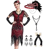 MTITE 1920s Flapper Dresses for Women, Great Gatsby Dresses Roaring 20s, Sheer Beaded Sleeves Costume with 20s accessories